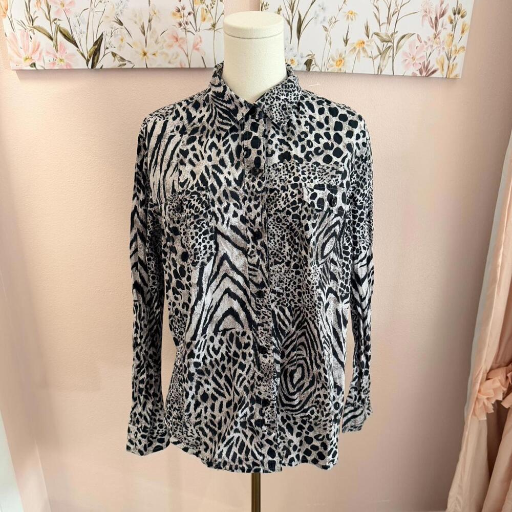 Jones New York Animal Print Button Down | Zebra Leopard Mixed Print Blouse | XL